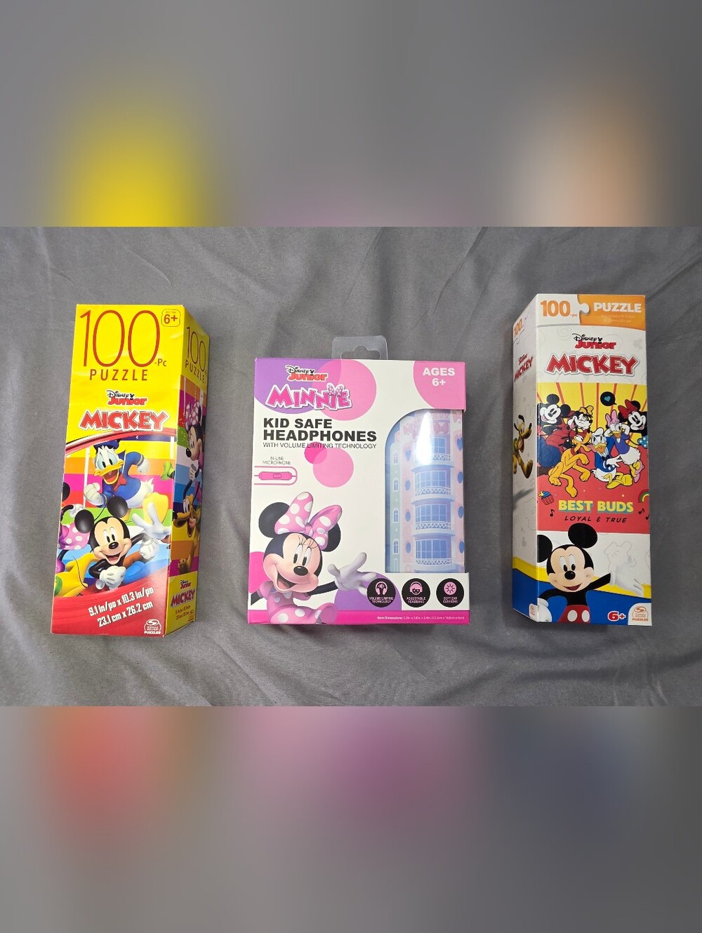 Disney Jr. Bundle-(2) Mickey Mouse 100 Piece Puzzles&Minnie Kid-Safe Headphones